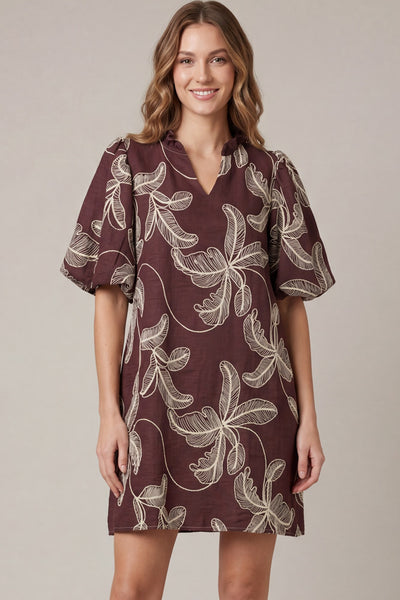 Nalani Puff Sleeve Embroidered Dress, Wine – North & Main Clothing Company
