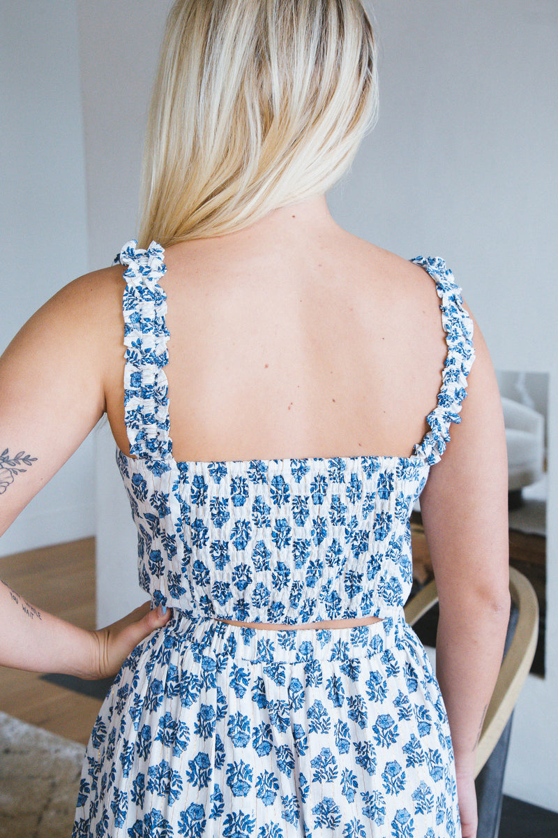 Emersyn Open Back Detail Maxi Dress, Blue Print