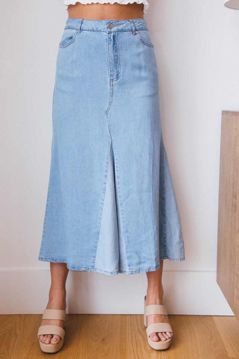 Amaya Colorblock Midi Skirt, Denim