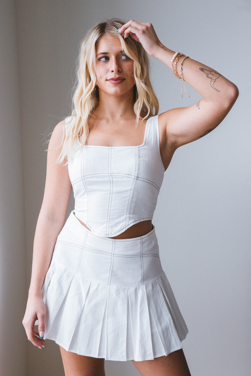 Ana Contrast Stitch Pleated Mini Skirt, White/Brown