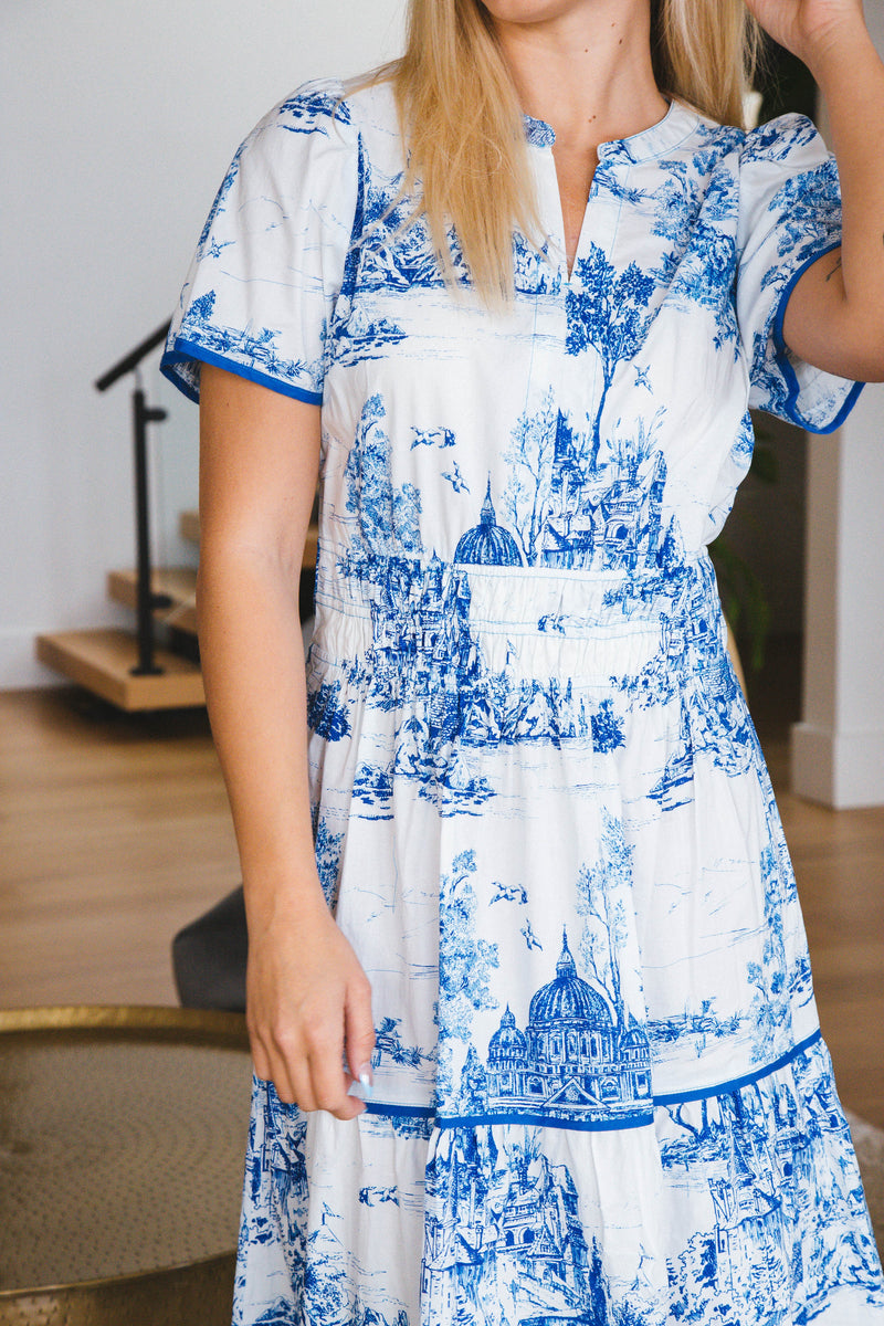 Kinsley Printed Split Neck Maxi Dress, Blue
