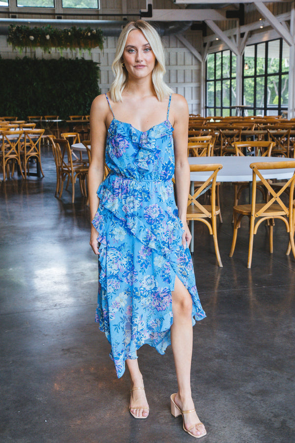 Delphine Floral Midi Dress, Azure Blue | Steve Madden