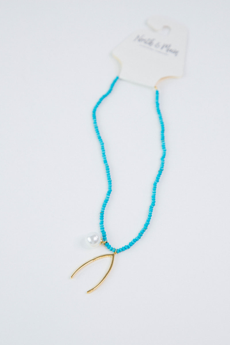 Elaina Beaded Charm Necklace, Gold/Turquoise