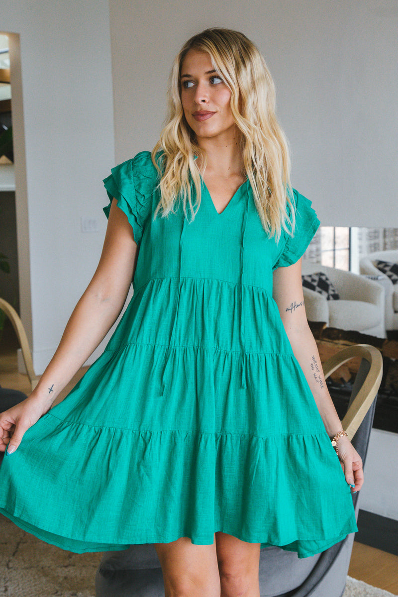 Angela Linen Tie Front Mini Dress, Emerald Green