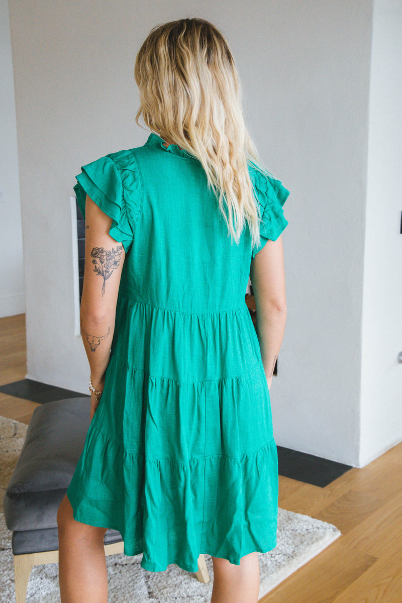 Angela Linen Tie Front Mini Dress, Emerald Green