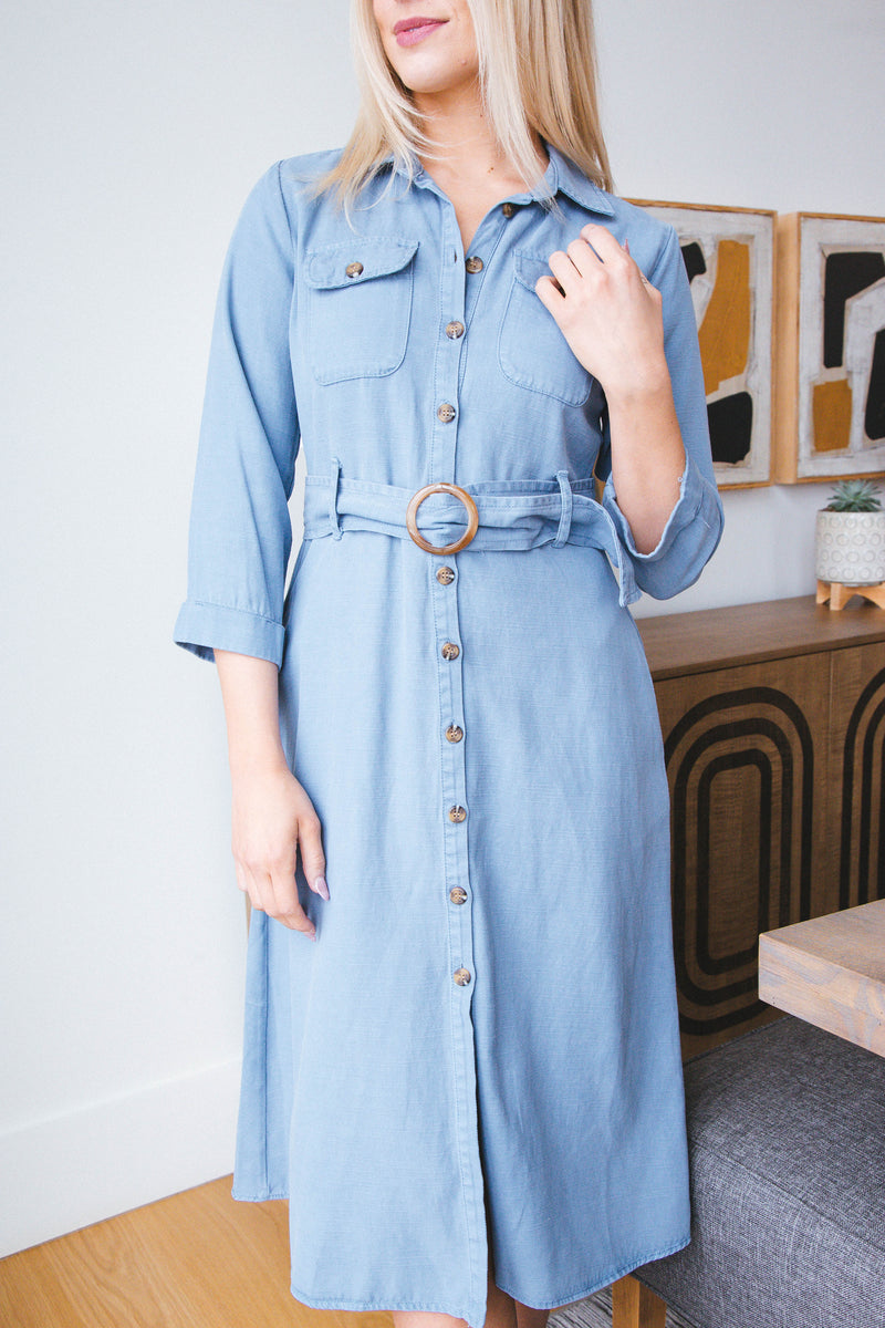 Katia Belted Button Up Midi Dress, Vintage Blue | Velvet Heart