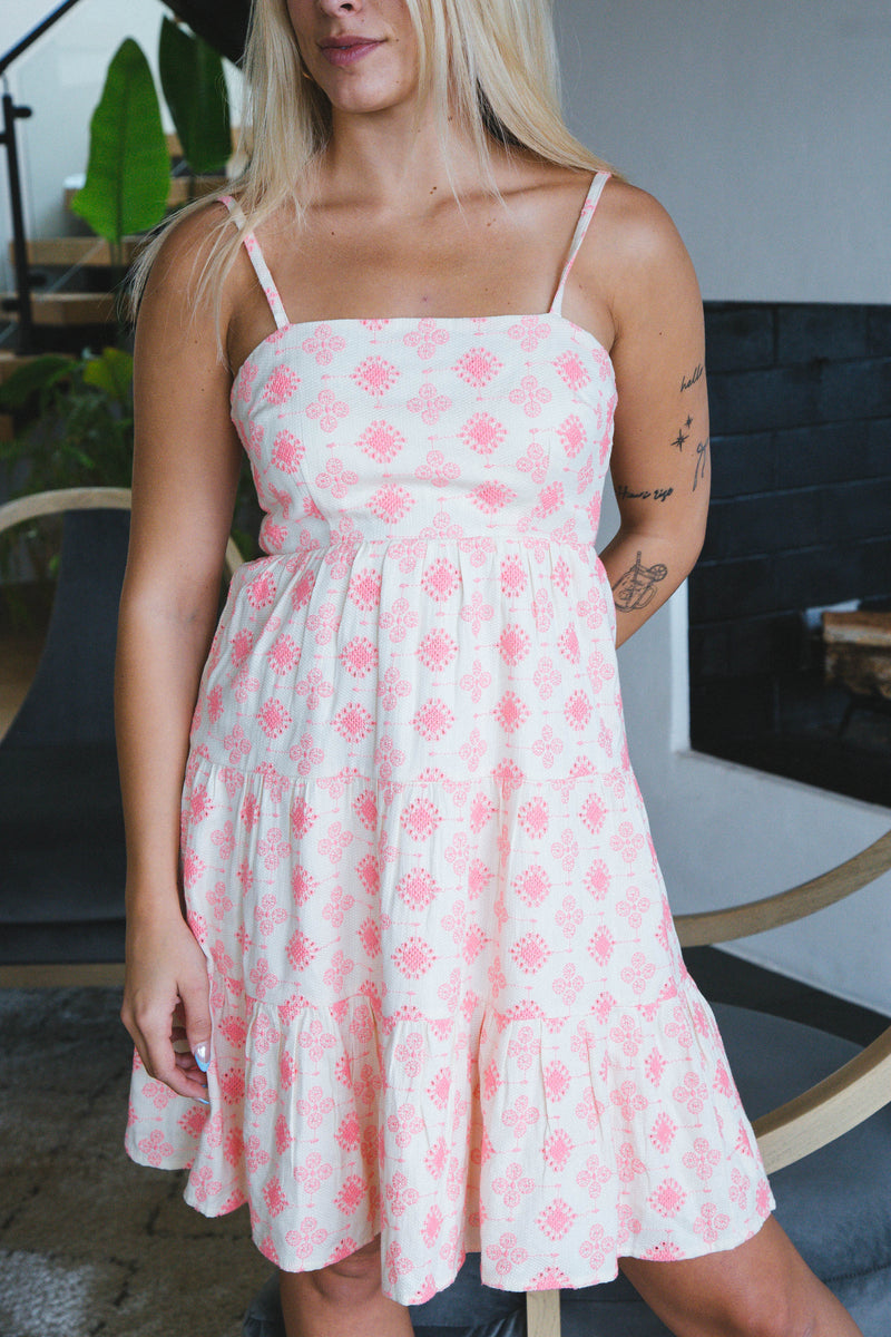 Clara Embroidered Mini Dress, Natural/Pink