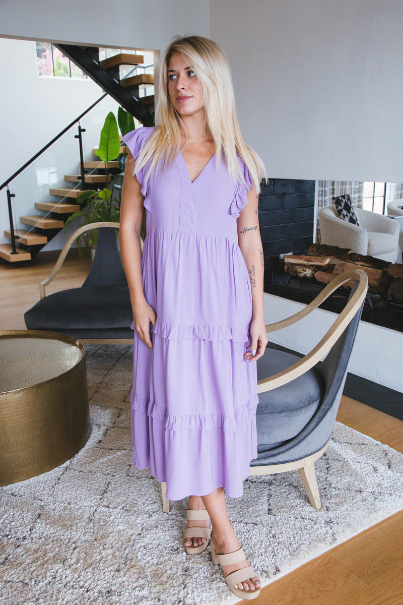 Penelope Ruffle Sleeve Midi Dress, Lavender