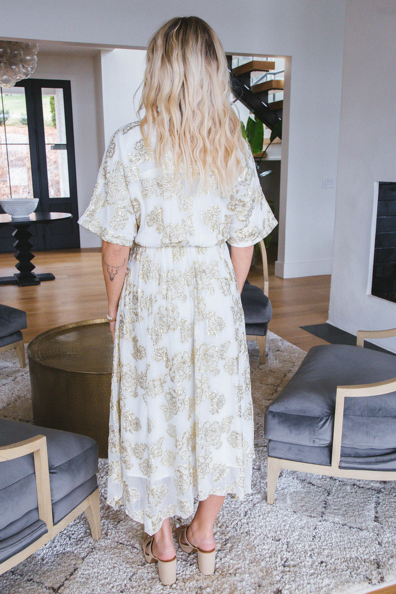 Freya Gold Floral Maxi Dress, White Gold