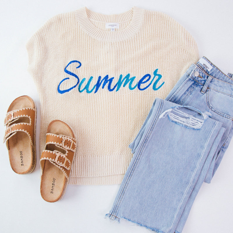 Summer Lettering Sweater Top, Ecru