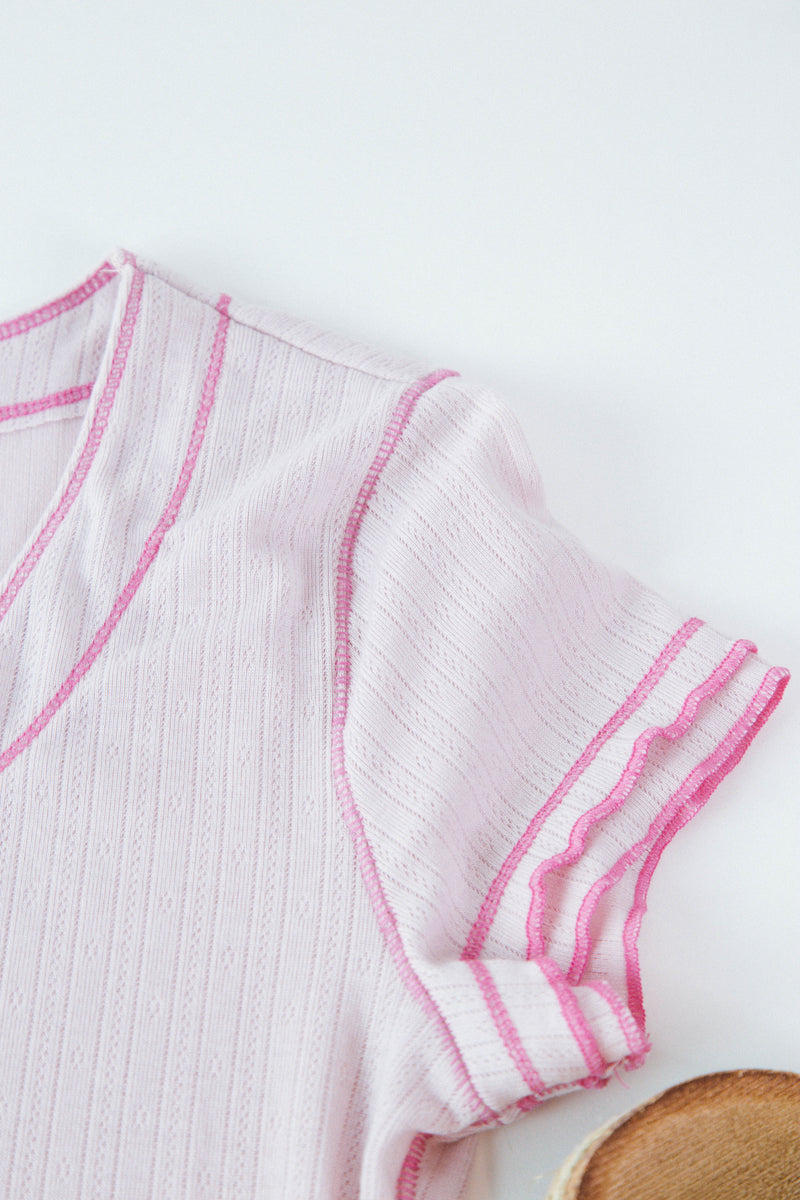 Harmony Contrast Stitch Knit Top, Pink