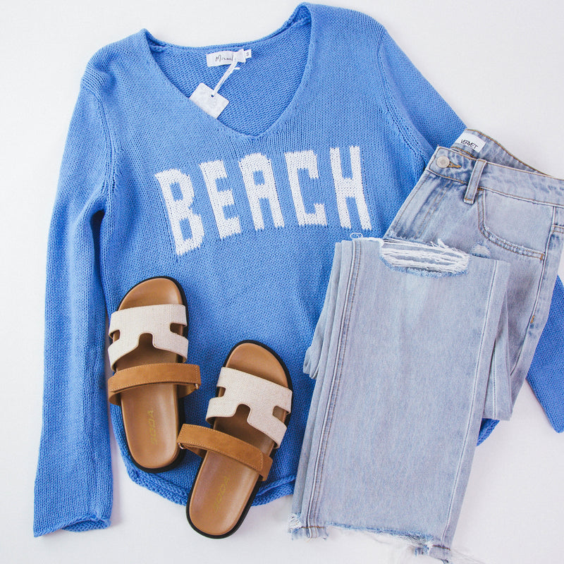 Beach Lightweight V-Neck Sweater, Blue/Ivory