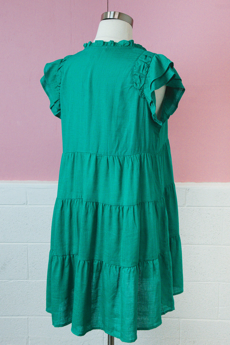 Angela Linen Tie Front Mini Dress, Emerald Green | Extended Sizes