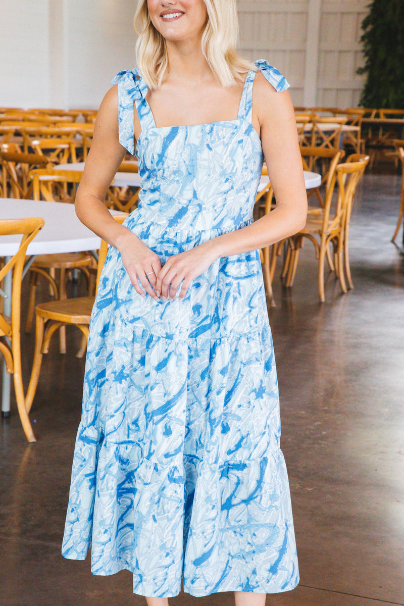 Alexandra Tie Shoulder Midi Dress, Light Blue