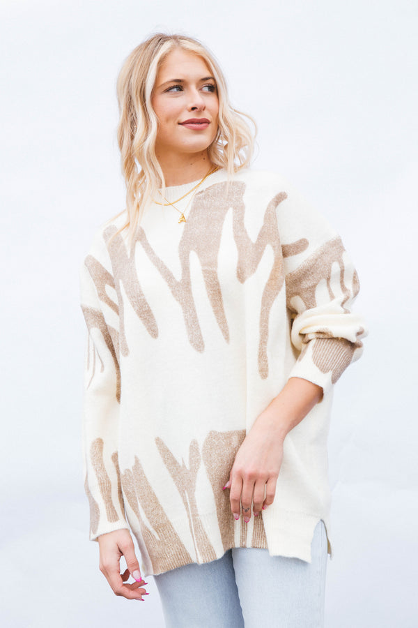 Nala Crew Neck Printed Sweater, Ivory Mocha