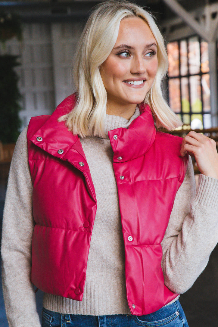 Vivian Faux Leather Cropped Puffer Vest, Fuchsia
