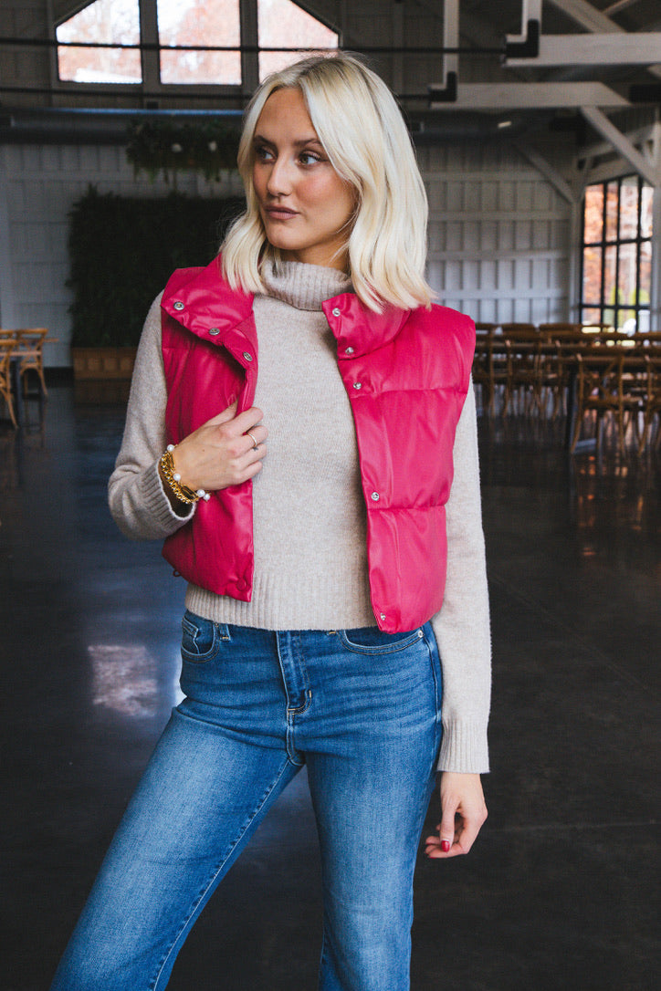 Vivian Faux Leather Cropped Puffer Vest, Fuchsia