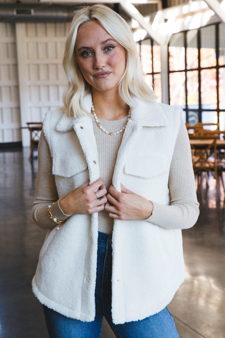 Lia Sherpa Fleece Button Down Vest, Cream
