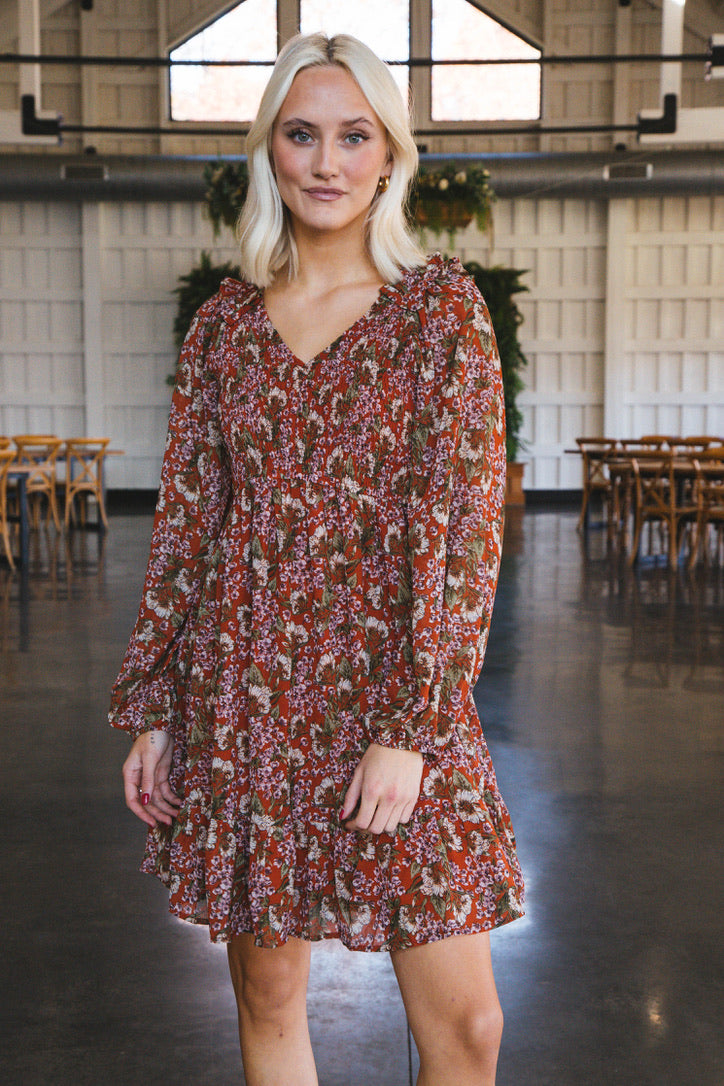 Myra Floral Smocked Bodice Dress, Rust