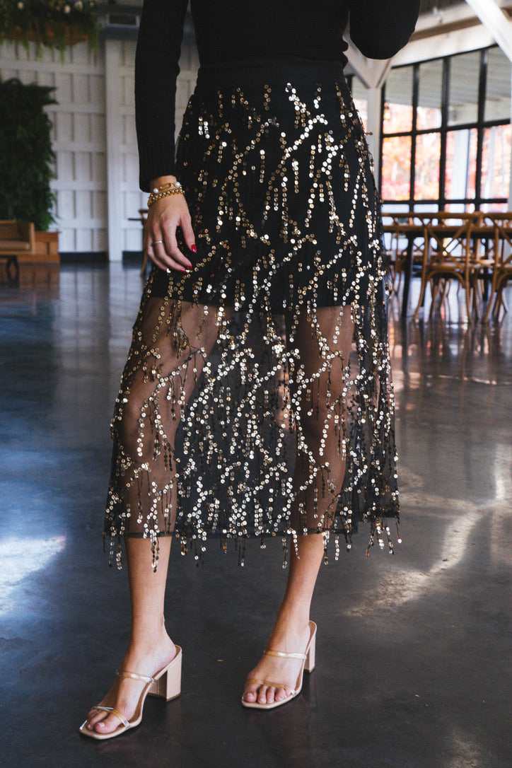 Reyna Sequin Mesh Midi Skirt, Black/Gold