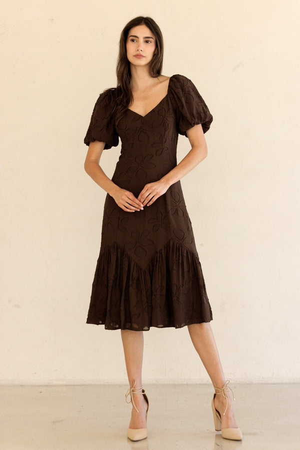 Ana Mesh Flower Midi Dress, Brown