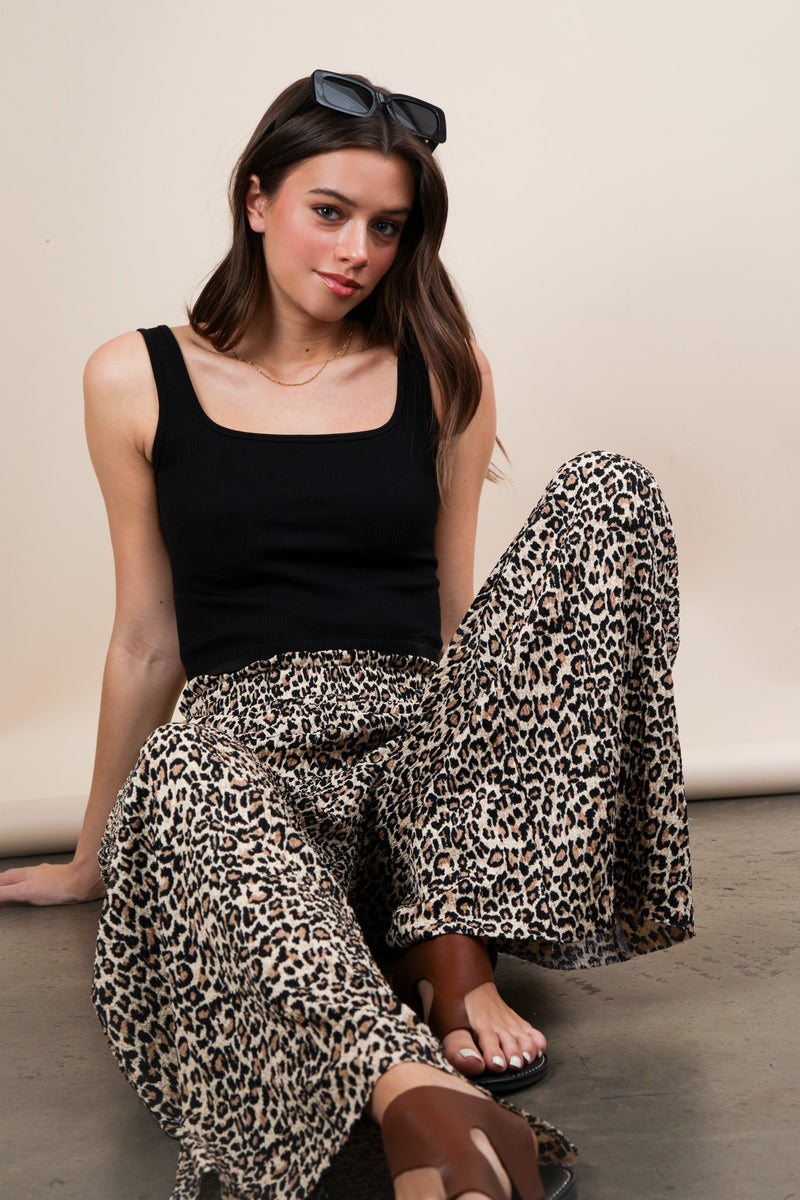Rowan Textured Elastic Waist Pants, Mocha Leopard