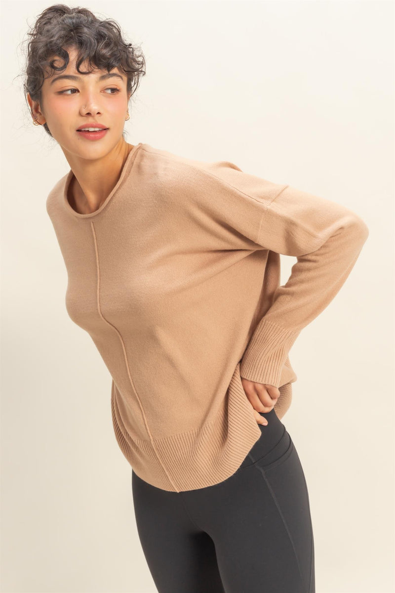 Kenzie Roll Neck Seam Front Sweater, Dark Taupe