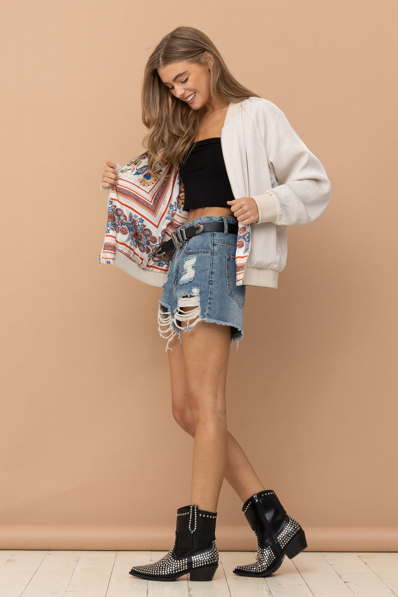 High End Reversible Paisley Bomber Jacket, Light Champagne