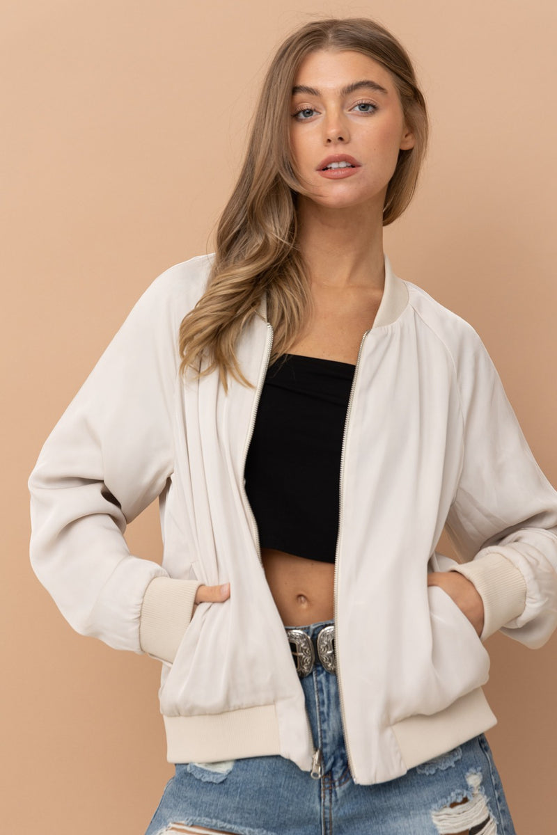 High End Reversible Paisley Bomber Jacket, Light Champagne