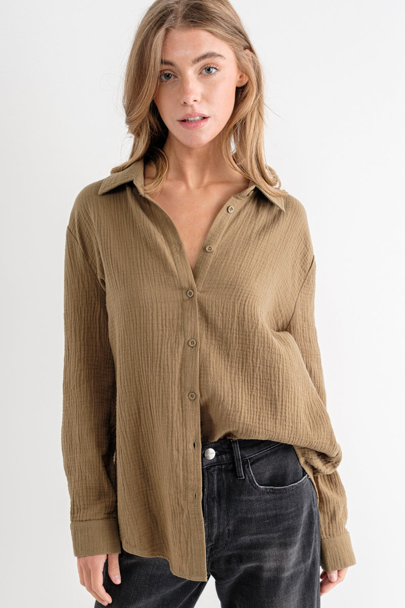 Cora Oversized Button Down Shirt, Olive