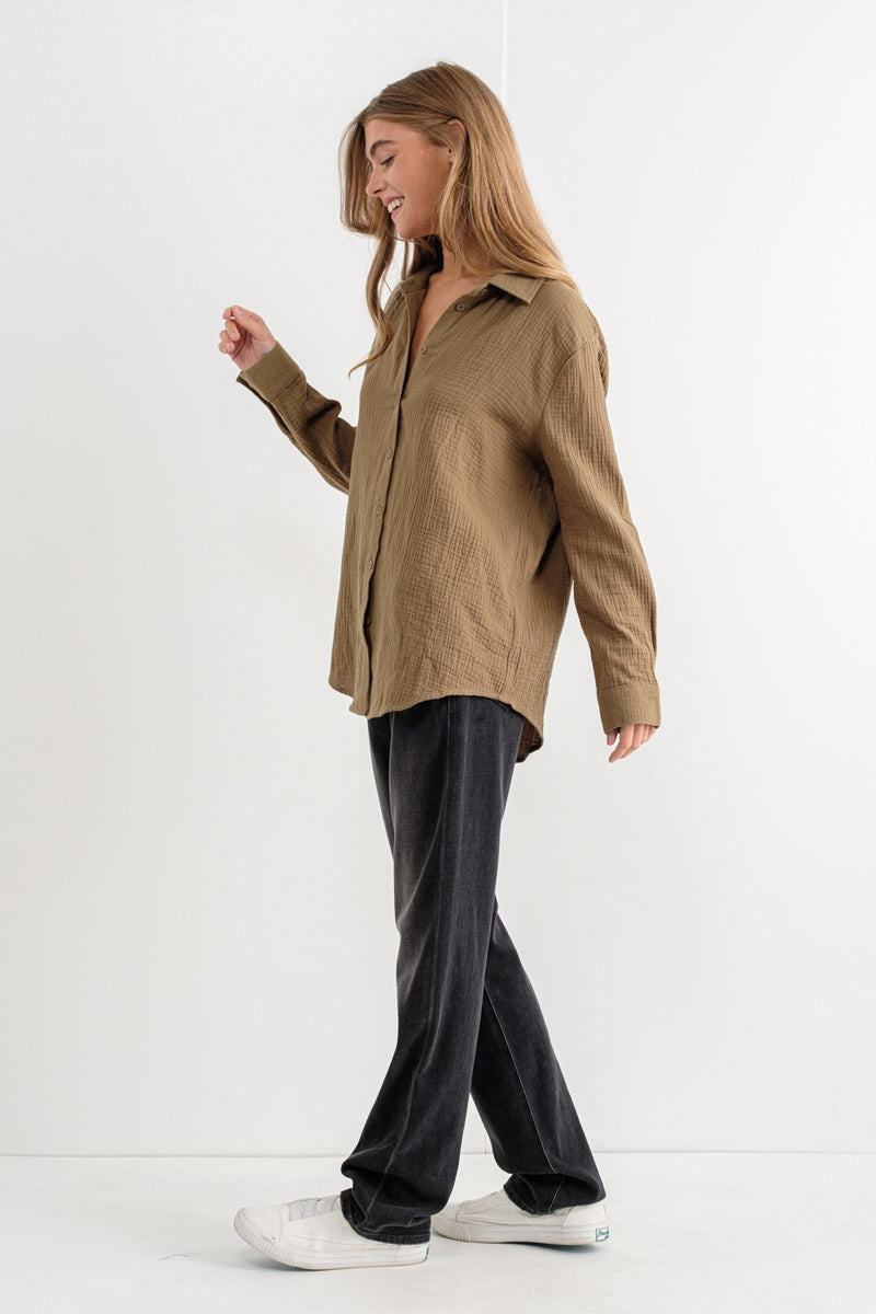 Cora Oversized Button Down Shirt, Olive