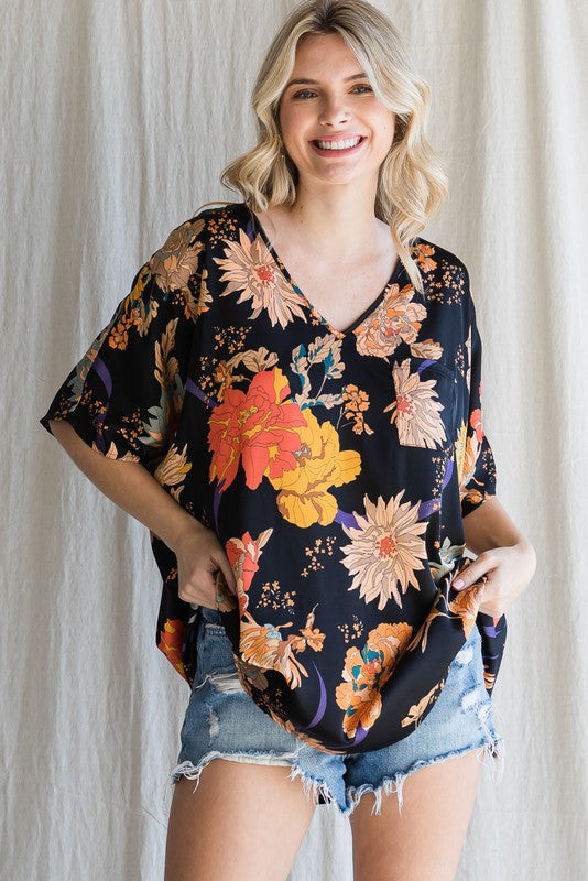 Midnight Floral Satin Top, Black | Plus Size