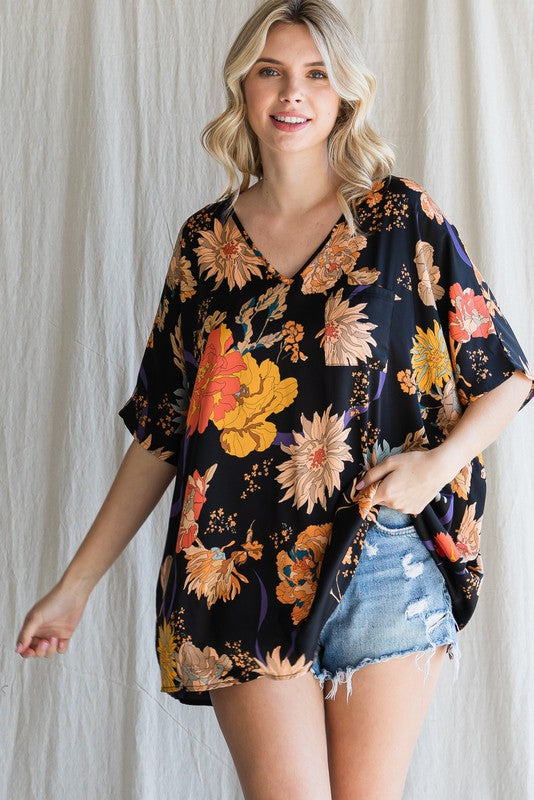 Midnight Floral Satin Top, Black | Plus Size