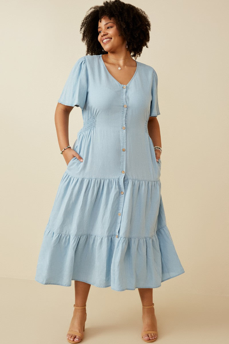 Josie Side Smocked Midi Dress, Light Denim | Plus Size