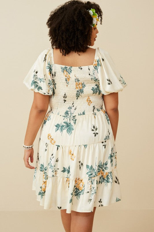 Floral Smocked Tiered Satin Dress, Cream | Plus Size