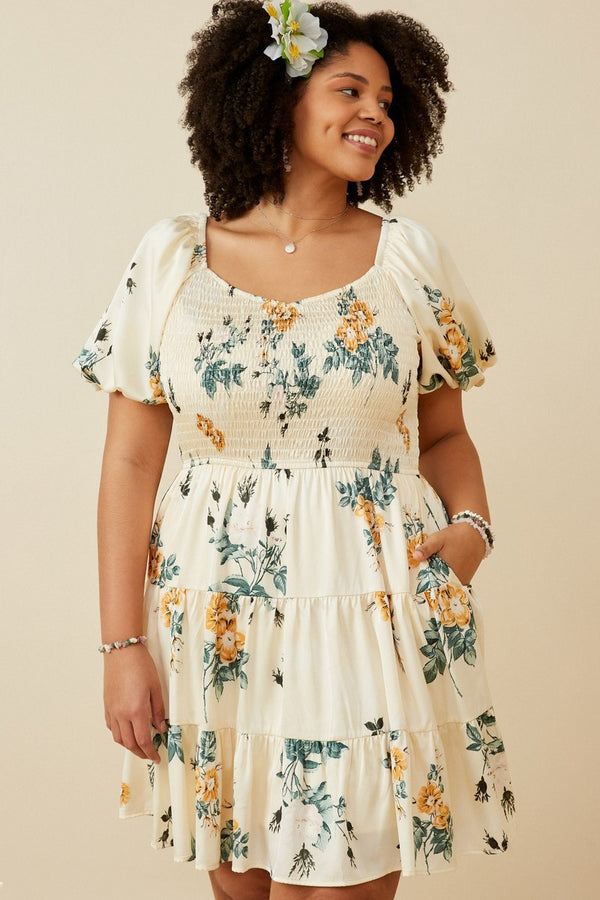 Floral Smocked Tiered Satin Dress, Cream | Plus Size