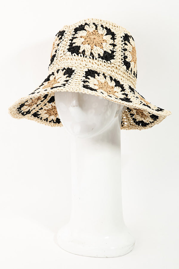 Flower Garden Straw Bucket Hat, Ivory/Black