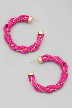 Andrea Raffia Hoop Earrings, Hot Pink