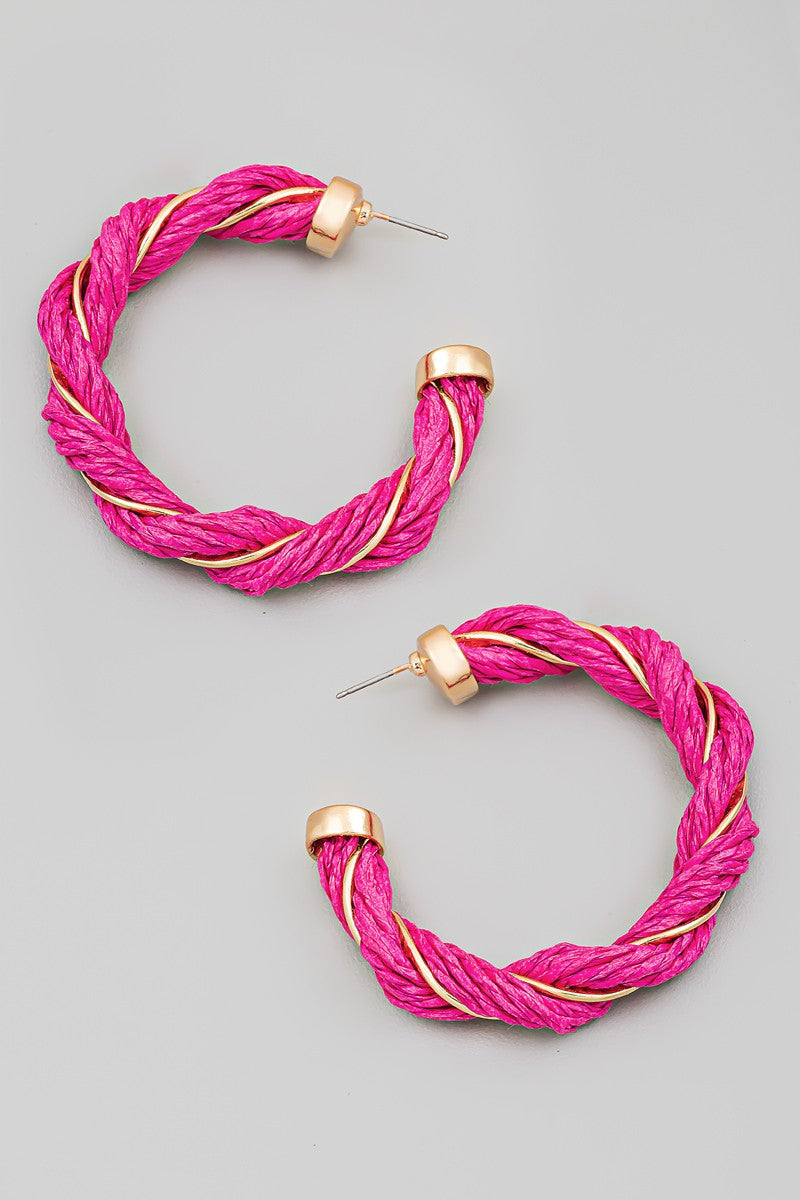 Andrea Raffia Hoop Earrings, Hot Pink