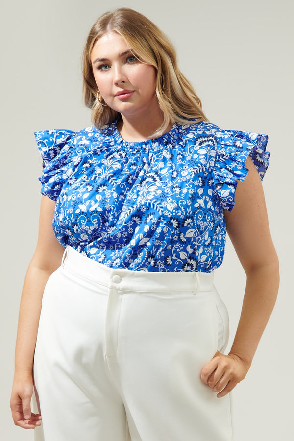 Natalia Ruffle Printed Top, Light Blue/White | Plus Size