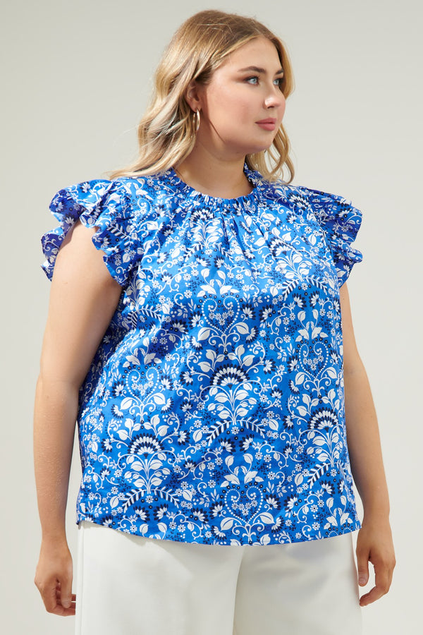 Natalia Ruffle Printed Top, Light Blue/White | Plus Size