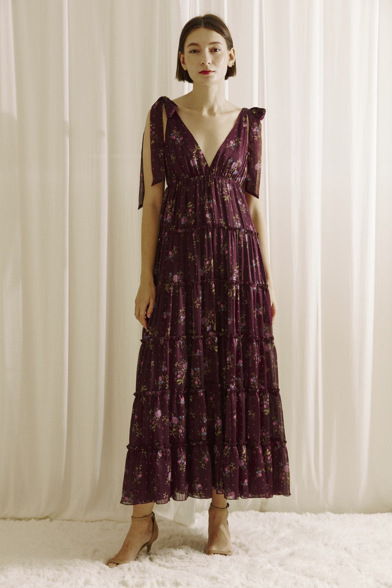 Gigi Tie Strap Printed Maxi Dress, Plum Multi Floral