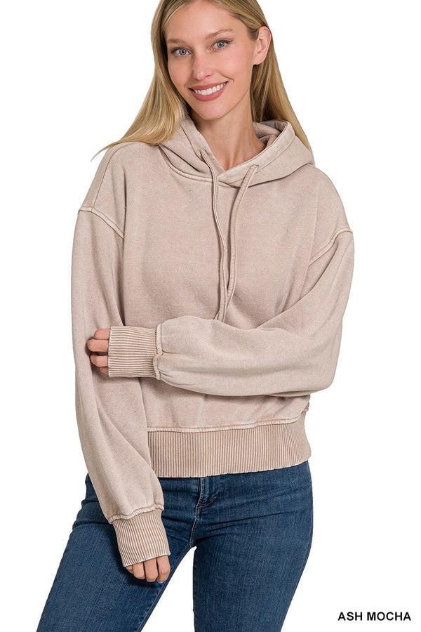 Mae Acid Wash Fleece Hoodie, Ash Mocha