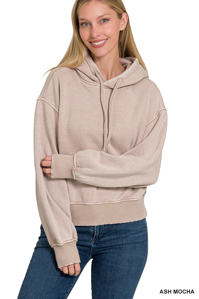 Mae Acid Wash Fleece Hoodie, Ash Mocha