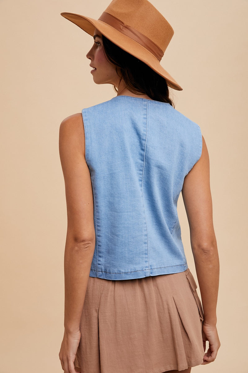 Elliana Denim Button Down Vest, Light Denim