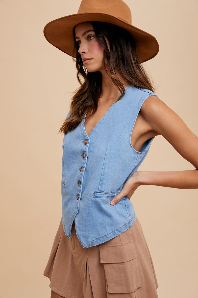 Elliana Denim Button Down Vest, Light Denim