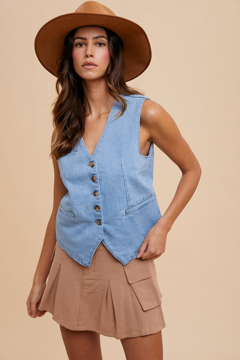 Elliana Denim Button Down Vest, Light Denim