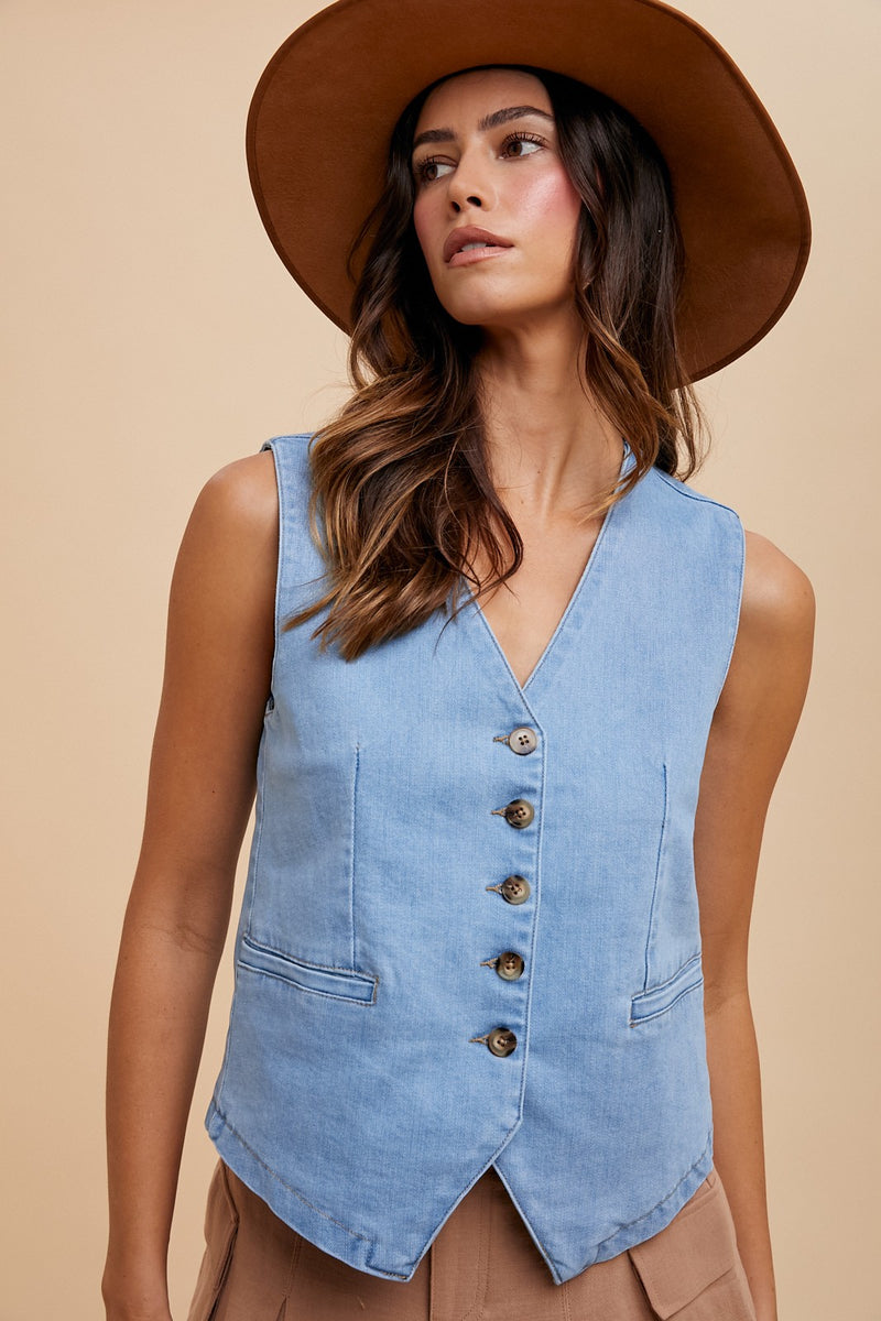 Elliana Denim Button Down Vest, Light Denim