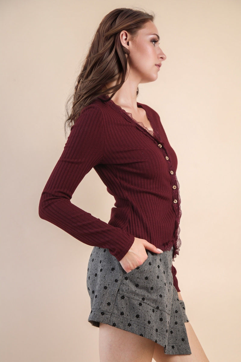 Kendra Lace Trim Knit Top, Wine