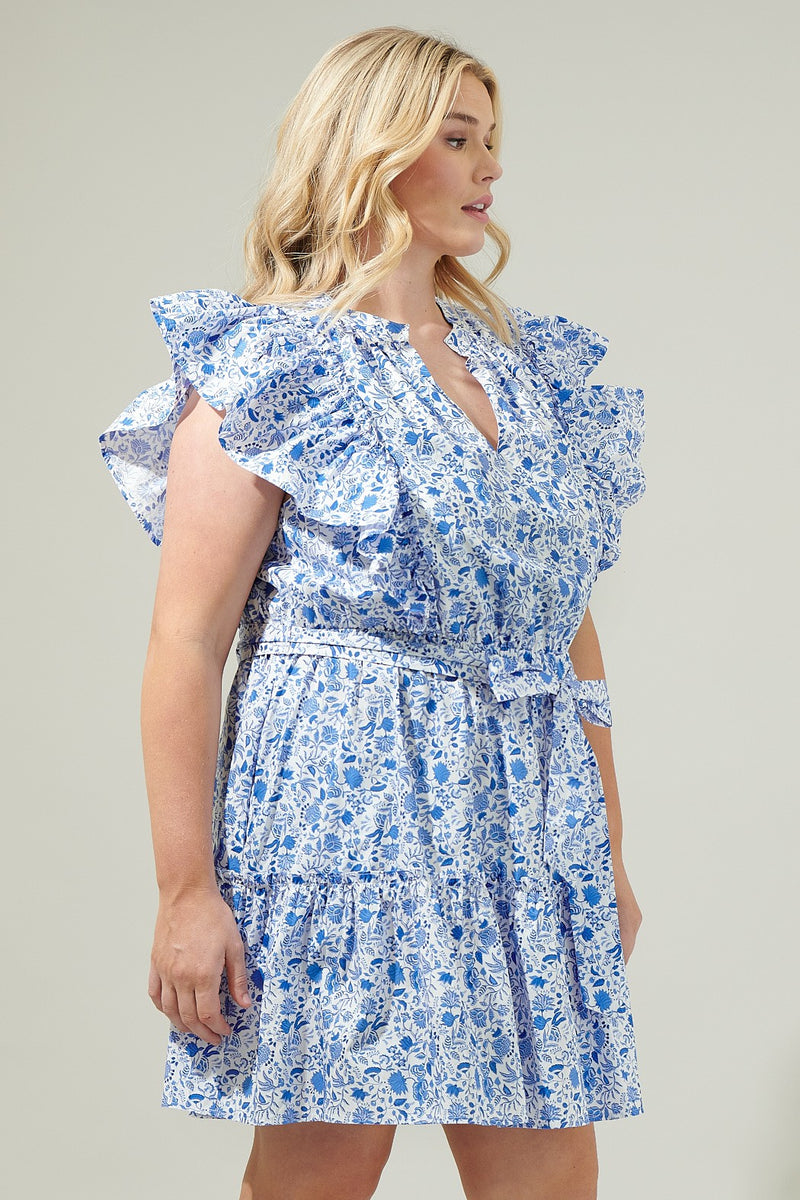 Hailey Floral Belted Mini Dress, Blue/White | Plus Size
